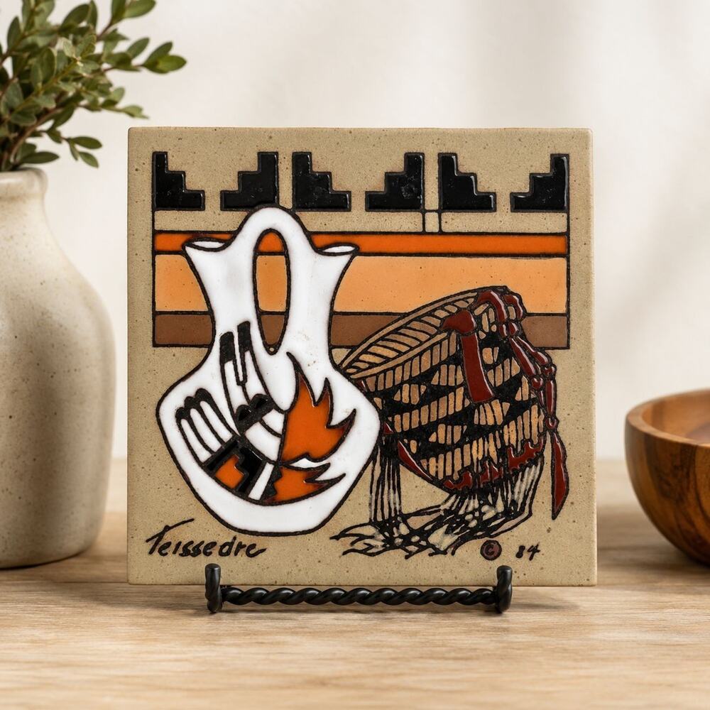 Vintage Cleo Teissedre Ceramic Tile Trivet Southwestern Art Signed 1984